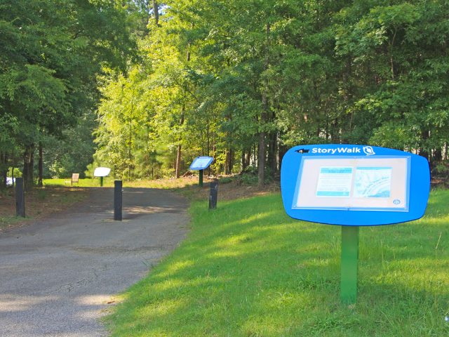 The first StoryWalk post at Pritchard Park.